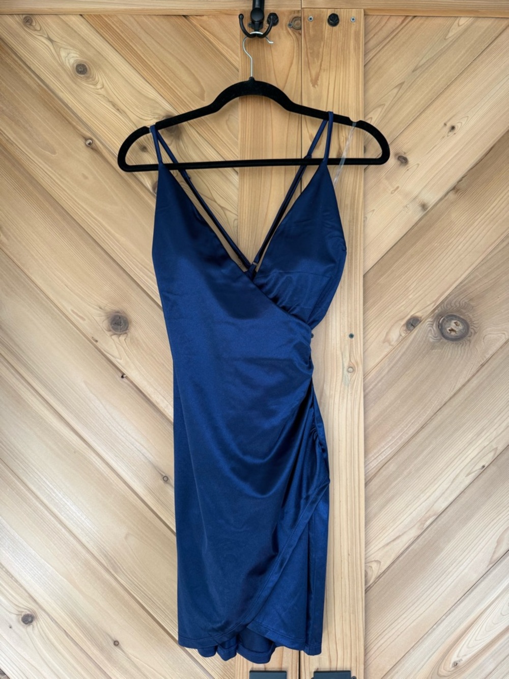 Speechless Navy Satin Wrap Mini Dress with Strappy V-Neck